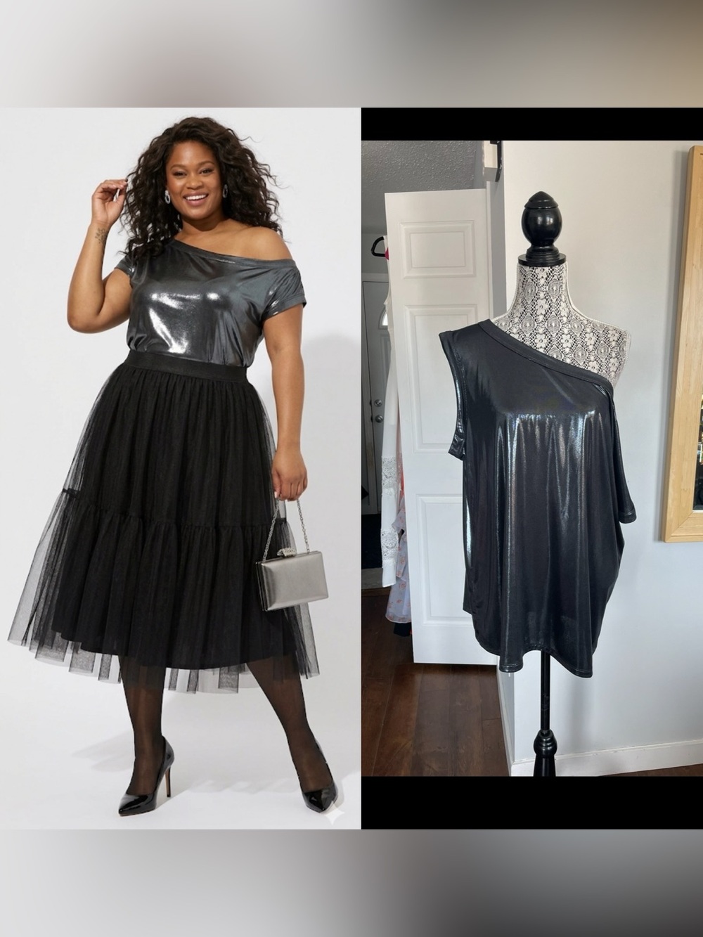 NWT Torrid Plus Size Liquid Shine Metallic Silver Off Shoulder Top. Size 1X.